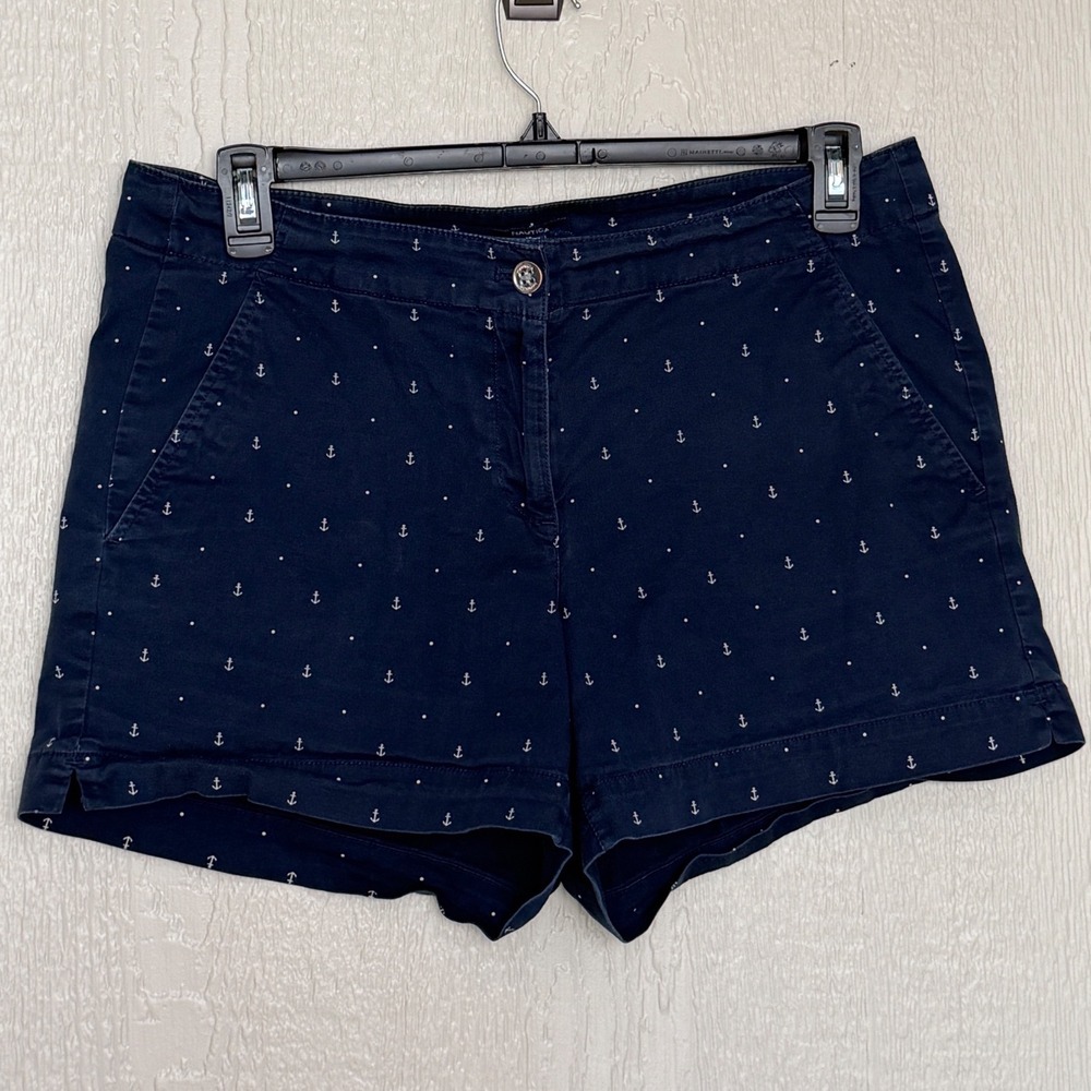 Nautica Womens Navy Blue Anchor Print Shorts Size 12 Summer Cotton Blend